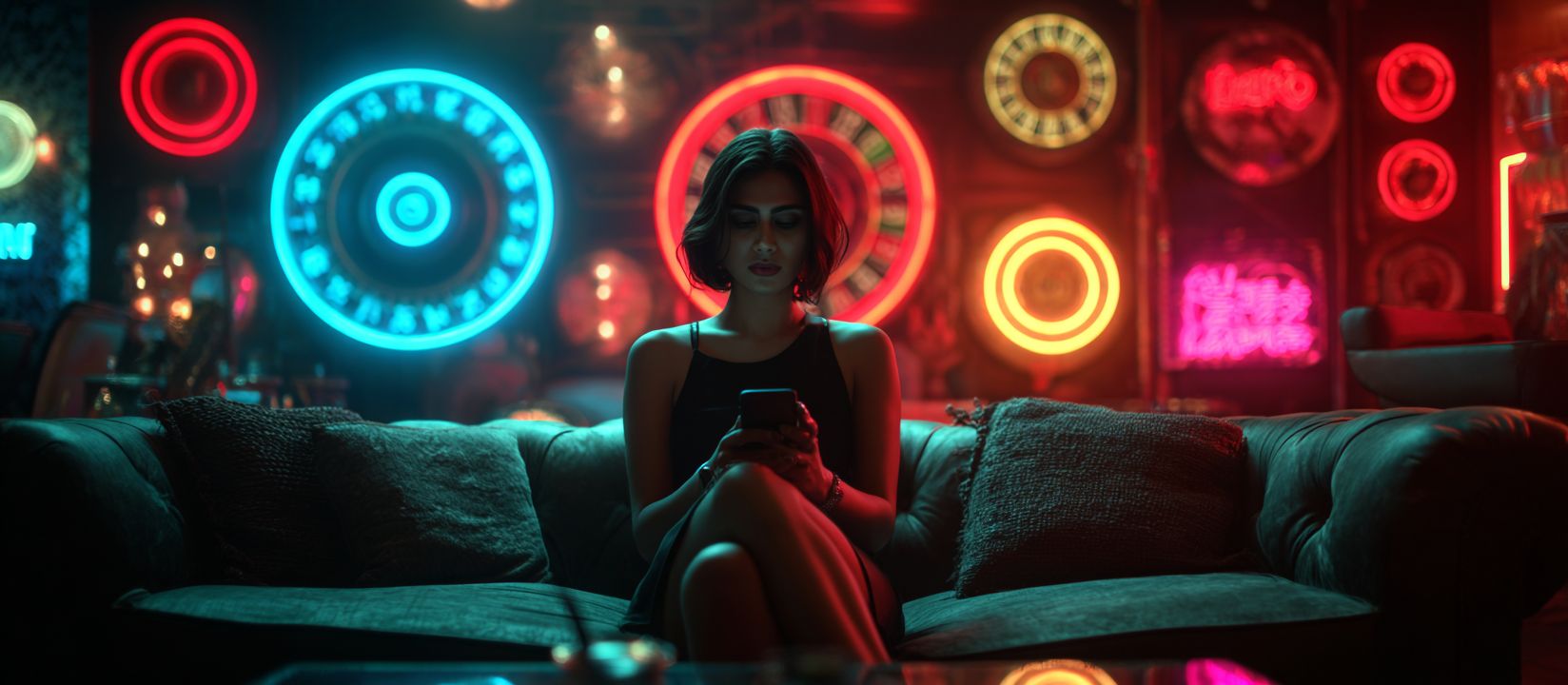 Download the 678bd Casino App and play anytime Woman sitting on sofa in neon-lit casino interior using mobile phone for 678bd casino app