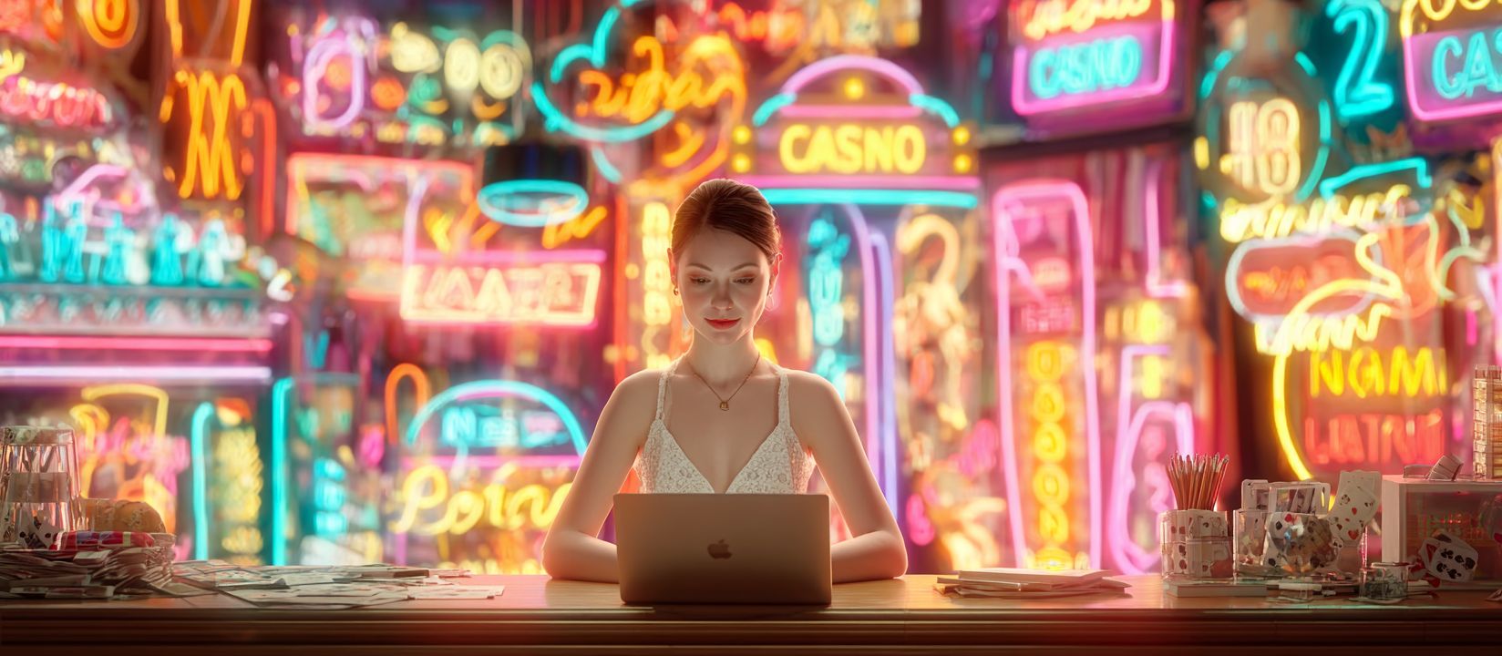 Elegant woman with laptop surrounded by colorful neon lights of casino Aviator game
