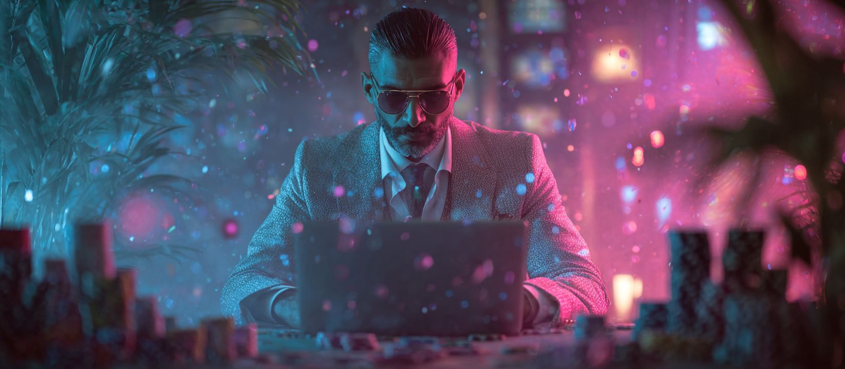 Stylish man in sunglasses playing online poker with chips and neon lights at 678bd casino