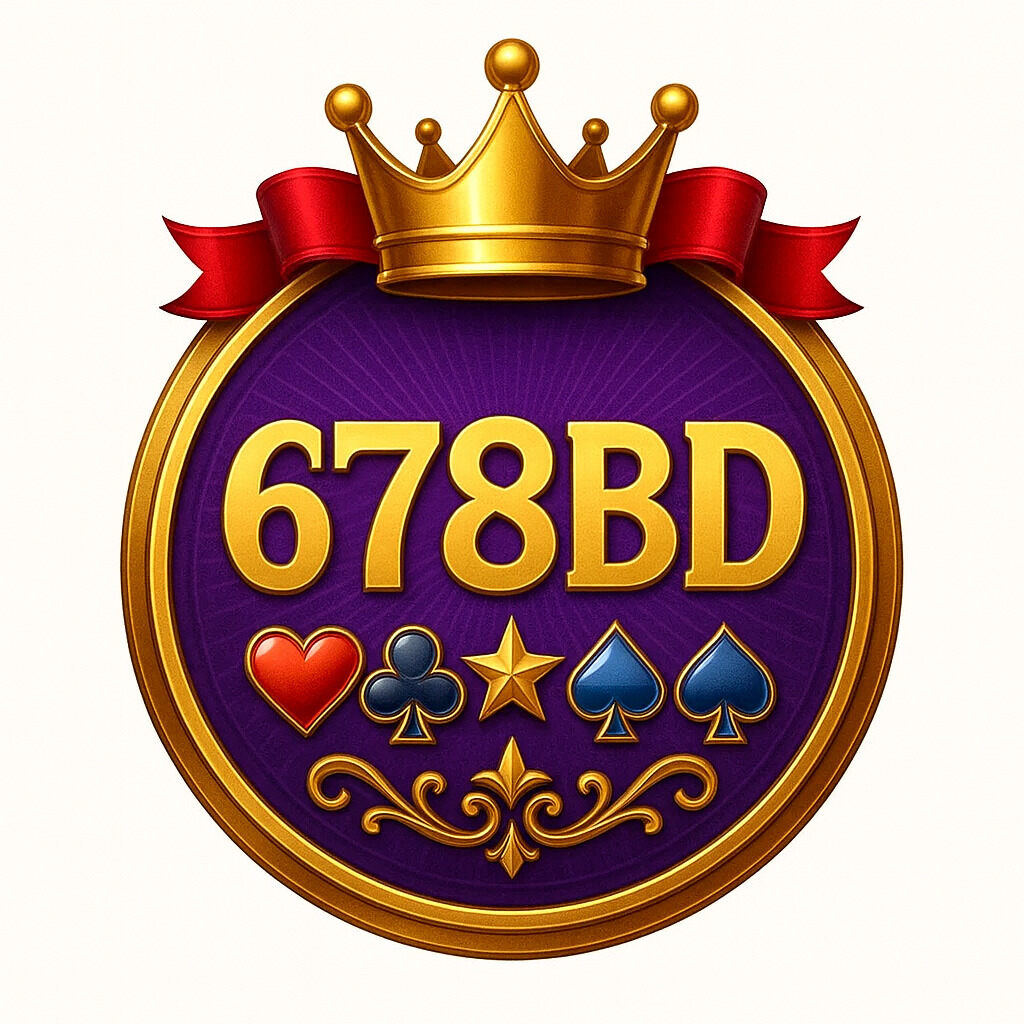 Play and win at 678bd Casino today Golden crown logo of 678bd Casino with card suits and star on purple background