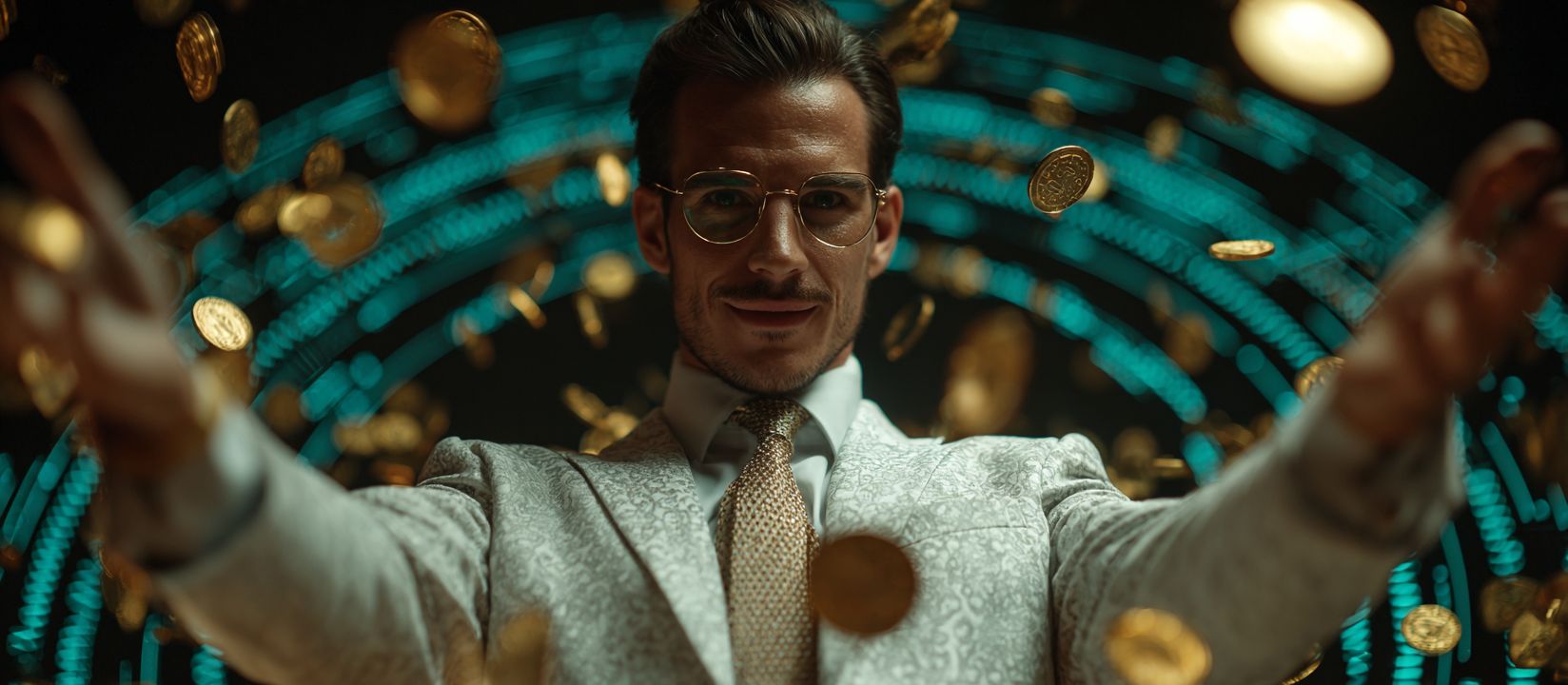 Confident man in suit with golden coins raining down in 678bd casino atmosphere