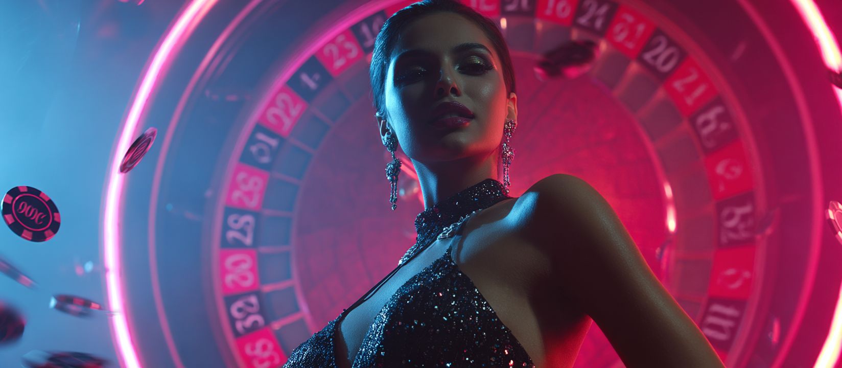 Join 678bd Casino and experience the thrill of roulette Glamorous woman in sparkling black dress with roulette wheel and flying chips at 678bd casino