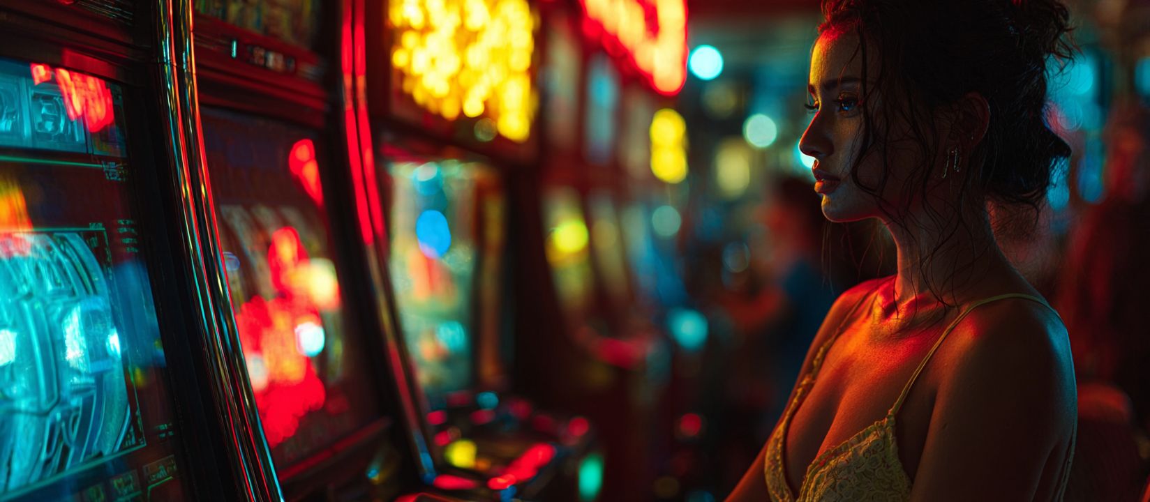 Young woman focused on slot machines with colorful neon glow in 678bd casino